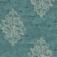 Turquoise & Silver Damask Commercial Wallcovering
